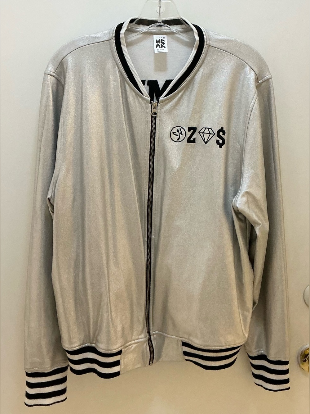Zumba Fitness Silver Metallic Bomber Jacket with Black Trim